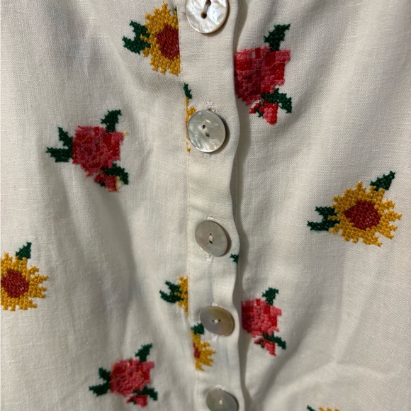 Farm Rio White Linen Blend Mixed Cross Stitch Flowers Midi Dress M - Picture 6 of 7